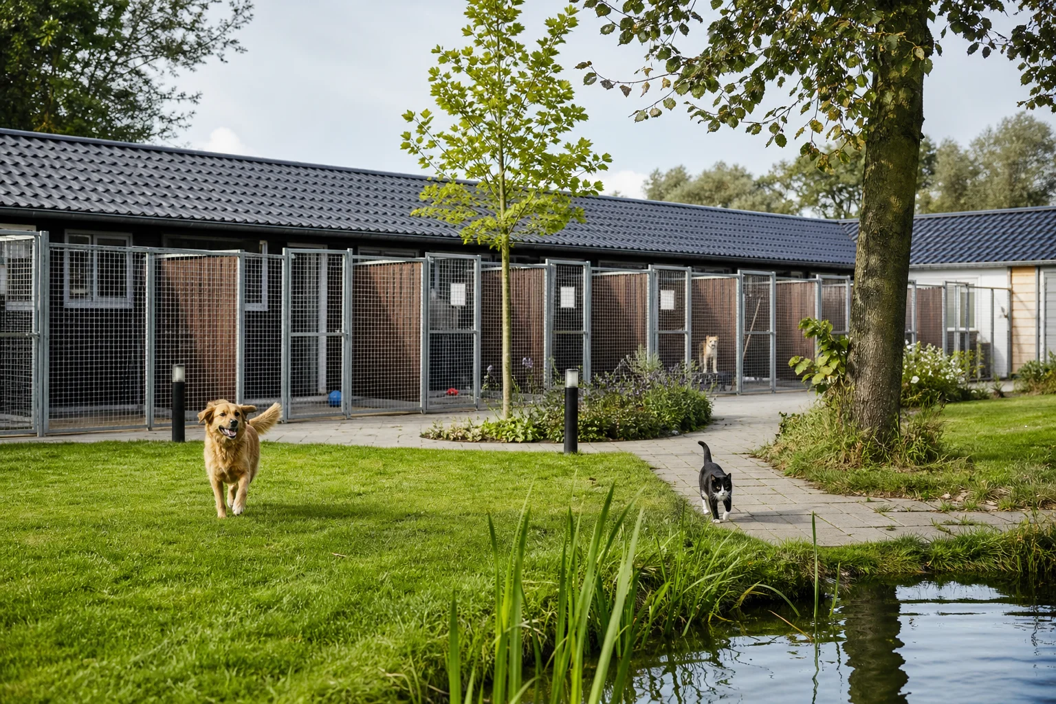 Dog and cat outdoors beside animal accommodation