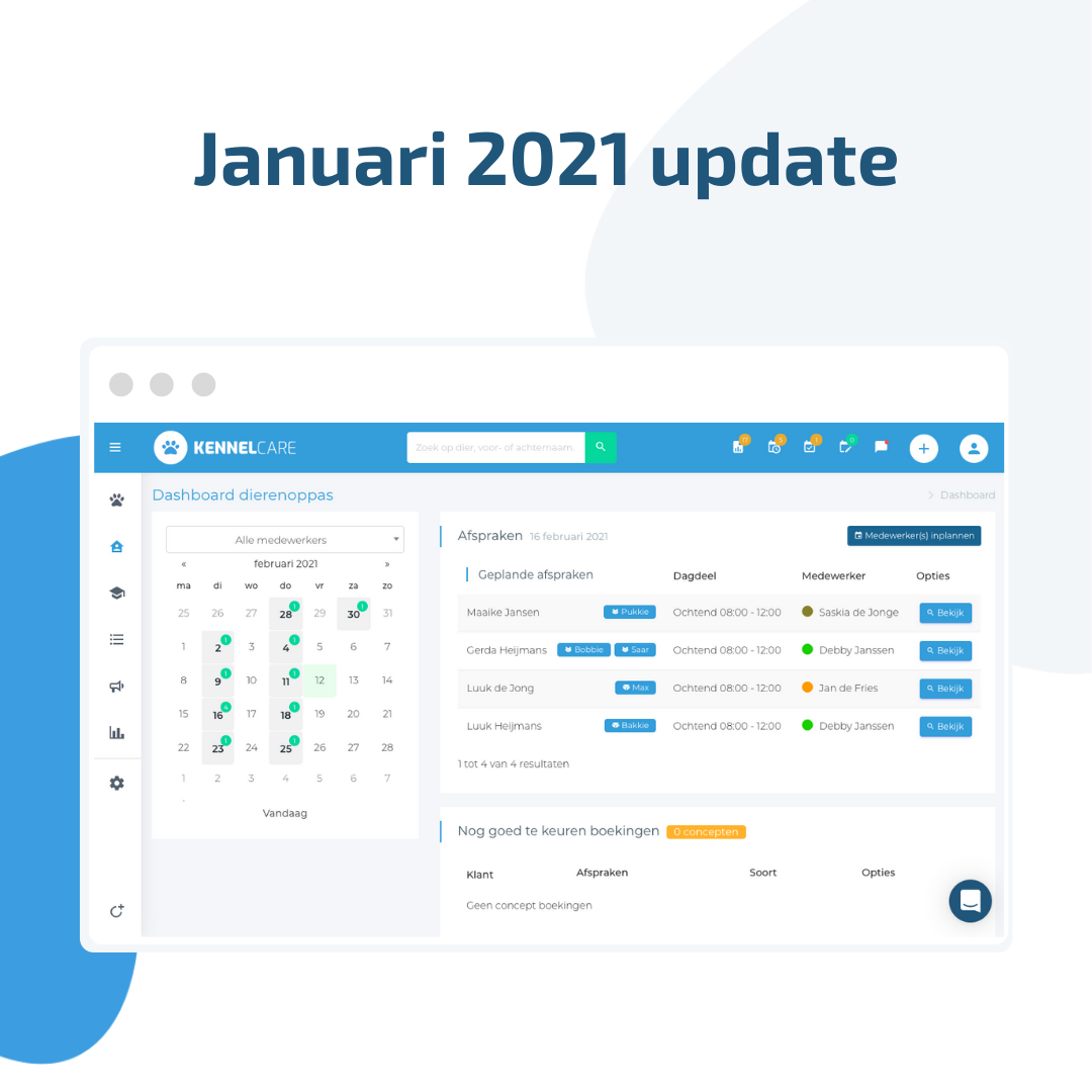 Januari 2021 update met: Lancering Dierenoppas product, eenvoudig lesdagen verschuiven, e-mails met bijlagen versturen, BTW grondslag en meer!