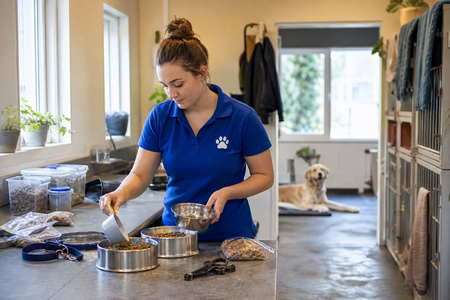 Pet care professional preparing dog food bowls
