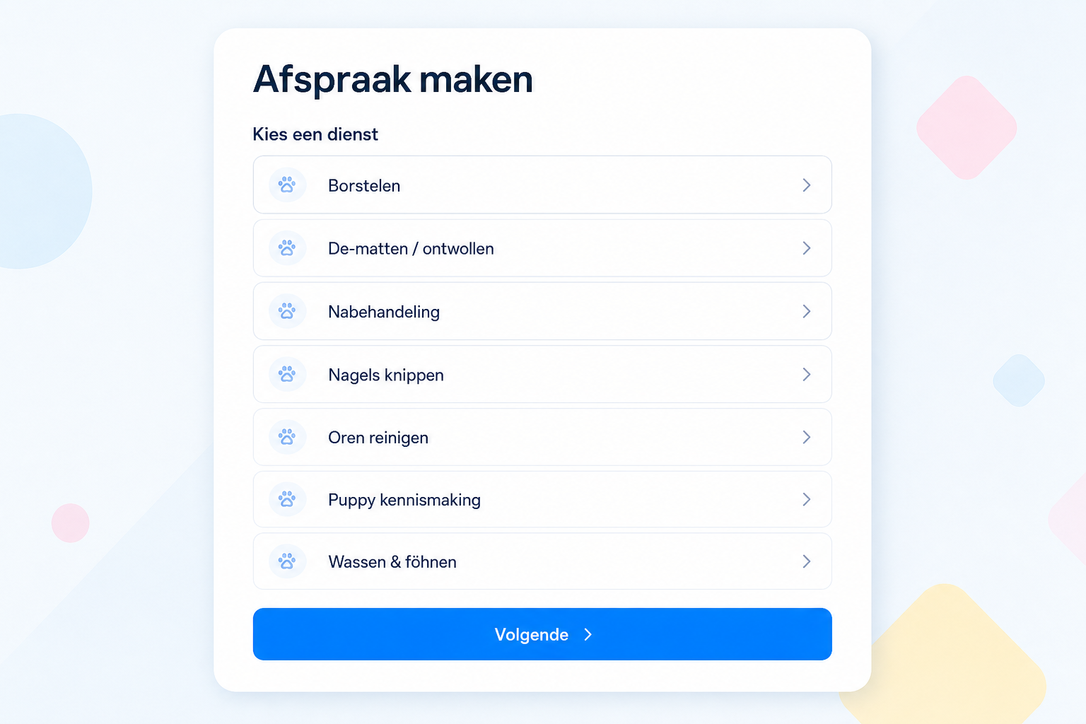Trimsalon diensten nu alfabetisch gesorteerd